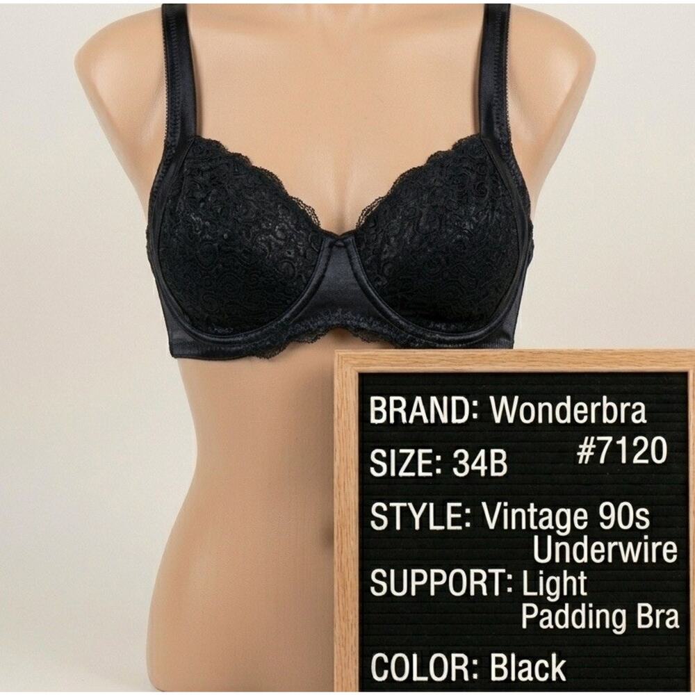 Vintage 90s Wonderbra #7120 Underwire Light Padding Bra Black Sz 34B